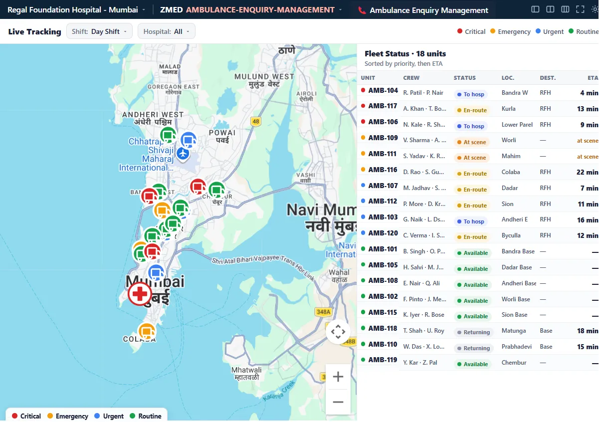 Live map tracking ambulances en route to the emergency department